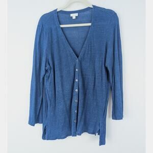 J Jill Womens Love Linen Blue Button Front Cardigan Sweater Size L Petite